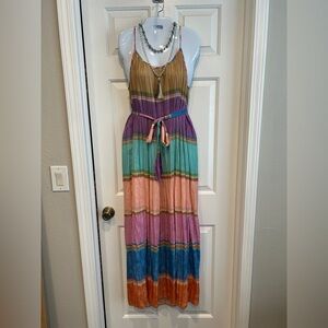 Current Air Vibrant Striped Maxi Dress with pleats and a belt